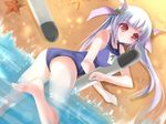  barefoot between_breasts breasts highres i-19_(kantai_collection) kantai_collection long_hair lying marionette_(excle) on_stomach one-piece_swimsuit partially_submerged red_eyes school_swimsuit solo starfish swimsuit torpedo twintails water white_hair 