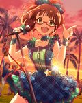  :d ^_^ akizuki_ritsuko blue_hair brown_hair choker closed_eyes fukuda_noriko glasses idolmaster idolmaster_(classic) idolmaster_million_live! microphone microphone_stand miura_azusa multiple_girls music official_art open_mouth palm_tree ponytail short_hair singing smile sunset tree 