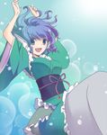  arms_up blue_background blue_eyes blue_hair breasts bubble hayabusa_koi head_fins japanese_clothes kimono looking_at_viewer medium_breasts mermaid monster_girl obi open_mouth sash solo touhou underwater wakasagihime 