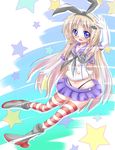  anchor black_panties blonde_hair blue_eyes cosplay elbow_gloves fang gloves hairband highres kantai_collection little_busters! long_hair noumi_kudryavka panties shimakaze_(kantai_collection) shimakaze_(kantai_collection)_(cosplay) shirotoshi solo striped striped_legwear thighhighs underwear 