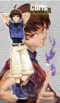  absurdres alternate_eye_color blue_eyes brown_hair chain chris_(kof) dark_persona fire grin highres jewelry male_focus multiple_views necklace projected_inset purple_fire red_hair shorts smile spade-m the_king_of_fighters 