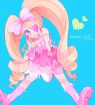  bad_id bad_pixiv_id bare_shoulders big_hair blonde_hair blue_background blue_eyes boots bow character_name choker collarbone colored_eyelashes dress drill_hair earrings eyepatch full_body hair_bow harime_nui index_finger_raised jewelry kill_la_kill knee_boots long_hair pink_bow pink_footwear pink_skirt reira_(opc) sitting skirt smile solo strapless strapless_dress twin_drills twintails wrist_cuffs 