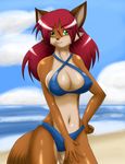  anthro beach big_breasts bikini breasts canine clothing female fox fur hair looking_at_viewer low_res mammal navel open_mouth red_hair sand seaside solo speeds speedyhimura_(artist) swimsuit water 