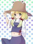  arm_behind_back blonde_hair blue_eyes hair_ribbon hand_on_headwear hat hayabusa_koi high_collar long_sleeves looking_at_viewer midriff moriya_suwako navel ribbon short_hair sidelocks skirt skirt_set smile solo star starry_background touhou 