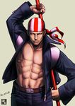  abs bandana belt_buckle billy_kane blue_eyes buckle dated highres jacket makeinu muscle navel open_clothes open_jacket shirtless staff the_king_of_fighters unzipped 