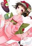  black_hair bow bunny cup dutch_angle flower food green_tea hair_bow hair_flower hair_ornament japanese_clothes juna kimono mochi obi original red_eyes sandals sash solo tea tray wagashi 