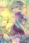  :d ame_yamori blue_eyes bow dress green_hair hair_ribbon kohaku_(rune_factory) open_mouth ribbon rune_factory rune_factory_4 short_hair smile solo watering_can 