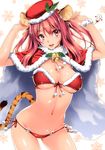  :d absurdres animal_ears arms_up bell bikini breasts cape christmas cleavage copyright_request front-tie_top fur_trim glint hat heart_ring_bottom highres kikurage_(plastic_people) large_breasts leaf midriff navel o-ring o-ring_bottom o-ring_top open_mouth pink_eyes pink_hair red_bikini santa_costume scrunchie shiny shiny_skin side-tie_bikini smile snowflakes snowman solo sparkle string_bikini swimsuit tail tiger_ears tiger_tail two_side_up underboob wrist_scrunchie wristband 