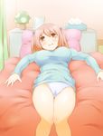  arakawa_tarou bare_legs blush breasts brown_eyes brown_hair curtains hataraku_maou-sama! highres large_breasts lying mushroom on_back on_bed panties pillow sasaki_chiho short_hair short_twintails solo sweater tissue twintails underwear white_panties 