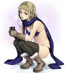  bad_id bad_pixiv_id bikini blonde_hair blue_eyes boots cup fur_trim gloves gunner long_hair no_hat no_headwear scarf sekaiju_no_meikyuu sekaiju_no_meikyuu_2 solo squatting swimsuit thighhighs tubameraamen 