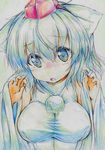  animal_ears blush breasts colored_pencil_(medium) detached_sleeves hat highres inubashiri_momiji kitazinger large_breasts short_hair solo tokin_hat touhou traditional_media white_hair wolf_ears 