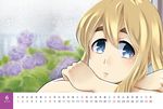  :t bel-tree blonde_hair blue_eyes calendar_(medium) eyebrows flower hydrangea k-on! kotobuki_tsumugi long_hair pout rain solo thick_eyebrows 