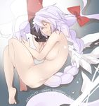  1girl ahoge angel_wings bad_feet blazblue braid censored closed_eyes fetal_position long_hair nail_polish nu-13 nude ragna_the_bloodedge ribbon silver_hair uzukinoko very_long_hair wings 