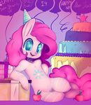  apple balloons blue_eyes cake equine female food friendship_is_magic fruit fur gift hair hat holidays horse looking_at_viewer mammal my_little_pony new_year party_hat pink_fur pink_hair pinkie_pie_(mlp) pony presents pussy pussy_juice smile solo tesuai 
