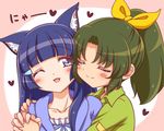  :3 animal_ears aoki_reika blue_eyes blue_hair blush cat_ears closed_eyes dress green_hair green_shirt hair_ornament hair_ribbon hairclip heart kuga_yoshito long_hair midorikawa_nao multiple_girls one_eye_closed ponytail precure ribbon shirt short_hair smile_precure! yuri 