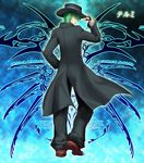  bad_id bad_pixiv_id blazblue blazblue_insignia blazblue_phase_0 crest fingerless_gloves formal from_behind gloves green_hair hat hat_tip hazama highres long_coat male_focus pants solo suit tsukikanade yellow_eyes 