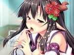  1girl black_hair blush brown_eyes close erect! euphoria_trinity game_cg horns long_hair piromizu pointy_ears trinity_euphoria 