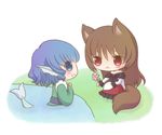  :&lt; animal_ears bare_shoulders blue_eyes blue_hair blush brooch brown_hair chibi dress eye_contact flower giving grass hands_on_own_chest hayabusa_koi head_fins imaizumi_kagerou japanese_clothes jewelry kimono knees_up lake layered_dress long_hair looking_at_another mermaid monster_girl multiple_girls obi partially_submerged profile red_eyes sash shawl short_hair simple_background sitting tail touhou wakasagihime white_background wolf_ears wolf_tail 
