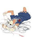  anime_coloring arm_up bad_id bad_pixiv_id blue_skirt brown_eyes fancybetty kamishirasawa_keine long_hair lying mouth_hold no_hat no_headwear on_back pantyhose red_string short_sleeves skirt solo string touhou white_background white_hair 
