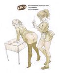  2girls artist_request ass bent_over chinese d8800880 feet from_behind injection looking_back monochrome multiple_girls pantyhose pantyhose_pull ponytail simple_background skirt skirt_lift syringe text translated uncensored uniform white_background 