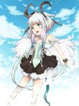  :d blue_eyes blue_hair dragon_girl dragon_horns dress highres horns open_mouth otkmk rune_factory rune_factory_4 selzawill smile solo thighhighs twintails white_legwear 