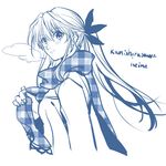  alternate_hairstyle bad_id bad_pixiv_id breath character_name fancybetty kamishirasawa_keine long_hair lowres monochrome plaid plaid_scarf ponytail scarf touhou unmoving_pattern 