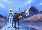  artist_name blonde_hair blue_eyes boots brave_witches breasts cloud dated day gun kanokoga medium_breasts mountain nikka_edvardine_katajainen pantyhose pouch reindeer rifle scarf short_hair smile solo sweater weapon world_witches_series 