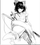  apron bad_id bad_pixiv_id black_hair fancybetty fujiwara_no_mokou fujiwara_no_mokou_(young) greyscale hair_ribbon katana lowres monochrome ribbon short_hair solo sword touhou weapon wide_sleeves 