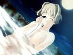  1girl areolae black_eyes blonde_hair breast_squeeze breasts dancing_crazies game_cg highres large_breasts legs looking_at_viewer moon night nipples nude onsen short_hair sitting sky smile solo star stars steam thighs towel water wink 