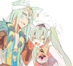  1girl animal_ears bad_id bad_pixiv_id blush cheek_pull closed_eyes couple cravat dark_skin dark_skinned_male egyptian egyptian_clothes flying_sweatdrops fox_boy fox_ears frey_(rune_factory) gold_trim green_hair hima_ki jewelry leon_(rune_factory) long_hair open_mouth rune_factory rune_factory_4 simple_background sleeveless thick_eyebrows tiara translation_request twintails white_background 