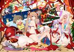  animal_ears barefoot bba_biao blush bow brown_hair christmas food gloves green_eyes kneehighs myuseru_foaran outbreak_company petralka_anne_eldant_iii pointed_ears purple_eyes purple_hair ribbons tail twintails 