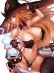  armpits bare_shoulders black_legwear blonde_hair breasts cleavage eyebrows fumio_(rsqkr) green_eyes hat hyakkihei large_breasts long_hair looking_at_viewer majo_to_hyakkihei metallica_(majo_to_hyakkihei) navel simple_background smile solo thick_eyebrows thighhighs thighs very_long_hair white_background witch_hat 