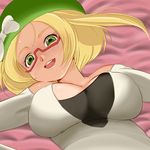  bed_sheet bel_(pokemon) beret blonde_hair breasts breasts_apart glasses green_eyes hat highres large_breasts lying on_back pokemon pokemon_(game) pokemon_bw2 red-framed_eyewear refuto semi-rimless_eyewear short_hair solo sweat under-rim_eyewear 