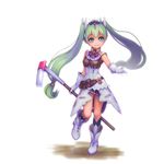  amelia00 boots cravat frey_(rune_factory) gloves green_eyes green_hair hoe jewelry long_hair miniskirt rune_factory rune_factory_4 skirt sleeveless smile solo tiara twintails 