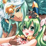  1girl :d animal_ears aqua_hair bad_id bad_pixiv_id blue_eyes blush colored_eyelashes couple cravat dark_skin dark_skinned_male egyptian egyptian_clothes eye_contact fox_boy fox_ears frey_(rune_factory) green_eyes green_hair jewelry leon_(rune_factory) long_hair looking_at_another nakamasomo open_mouth rune_factory rune_factory_4 simple_background smile tan thick_eyebrows tiara twintails white_background 