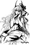  bad_id bad_pixiv_id dated ex-keine fancybetty greyscale hand_on_own_face hands_together horn_ribbon horns kamishirasawa_keine long_hair monochrome ribbon signature solo touhou 