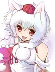  animal_ears bare_shoulders breasts detached_sleeves fang gradient gradient_background hat hayabusa_koi high_collar inubashiri_momiji looking_at_viewer medium_breasts open_mouth pom_pom_(clothes) red_eyes short_hair skirt solo tokin_hat touhou white_background white_hair wolf_ears 