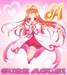 bow brown_hair character_name choker coat cure_ace dokidoki!_precure hair_bow half_updo heart heart_background jumping long_hair madoka_aguri magical_girl outstretched_arms pink_background precure puffy_sleeves red_eyes red_skirt shisui skirt smile solo spread_arms wrist_cuffs 