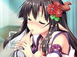  1girl black_hair blush brown_eyes close erect! euphoria_trinity eyes_closed game_cg horns long_hair piromizu pointy_ears trinity_euphoria 