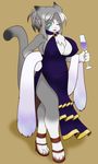  beverage big_breasts breasts cat chest_tuft clothing dress erect_nipples feline female fur glass green_eyes grey_fur grey_hair hair kurube looking_at_viewer mammal nipples one_eye_closed open_mouth plain_background raised_tail shoes solo standing tuft white_fur wine_glass 