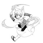  animal_ears fox_ears fox_tail gauntlets geta greyscale japanese_clothes jingai_modoki kitsune_(mon-musu_quest!) mon-musu_quest! monochrome open_mouth smile smoke solo tail 