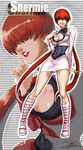  abs absurdres boots breasts character_name cleavage cleavage_cutout covered_navel cropped_jacket earrings hair_over_eyes highres jewelry knee_boots large_breasts leotard lipstick long_hair makeup red_hair shermie signature skirt smile solo spade-m split_ponytail the_king_of_fighters 