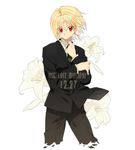 1boy androgynous bad_id bad_pixiv_id blonde_hair dated english flower formal hunter_x_hunter jewelry kurapika lily_(flower) male_focus necktie red_eyes single_earring solo suit white_background 