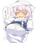  :d ^_^ blush breasts closed_eyes dress hat iroyopon juliet_sleeves large_breasts letty_whiterock long_sleeves open_mouth puffy_sleeves round_teeth silver_hair simple_background smile solo spoken_blush sweat teeth touhou translation_request upper_body vest white_background white_dress 