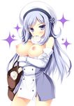  aila_jyrkiainen bag baozi blush breasts breasts_outside crossed_arms elbow_gloves food gloves gundam gundam_build_fighters hat large_breasts long_hair mouth_hold nipples no_legwear purple_eyes silver_hair solo sparkle tateha_(marvelous_grace) 