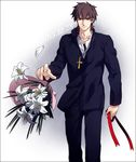  bouquet brown_hair cross cross_necklace fate/zero fate_(series) flower jewelry kotomine_kirei lily_(flower) male_focus necklace ribbon solo zihad 