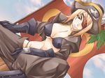  1girl bikini_top blonde_hair breasts cleavage cloud clouds covered_nipples dancing_crazies earrings erect_nipples eyepatch flag game_cg gloves hat highres jewelry large_breasts long_hair looking_at_viewer open_clothes pirate red_eyes sitting sky solo 