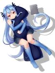  3: blue blue_hair blue_legwear body_pillow bonnzinnak detached_sleeves hair_ornament hair_ribbon hairclip kneehighs long_hair looking_at_viewer original pillow pillow_hug red_eyes ribbon solo tears twintails 