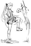  2013 alternate_costume alternate_hairstyle bad_id bad_pixiv_id ball cat dated fancybetty from_side fujiwara_no_mokou full_body greyscale hands_in_pockets kneehighs long_hair monochrome ponytail shorts signature soccer soccer_ball telstar touhou 