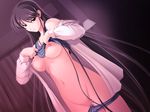  1girl areolae black_eyes black_hair breasts censored curtains dancing_crazies game_cg highres large_breasts legs long_hair looking_at_viewer navel nipples open_clothes panties panty_pull pussy solo standing thighs underwear undressing 